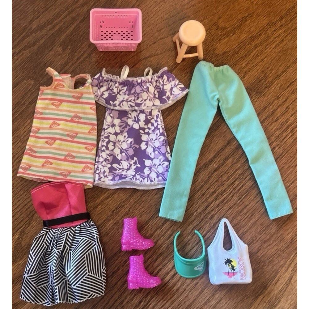 Lot of 9 Barbie Doll Clothes Mixed Items Shoes Dresses Pants Bag Basket Visor